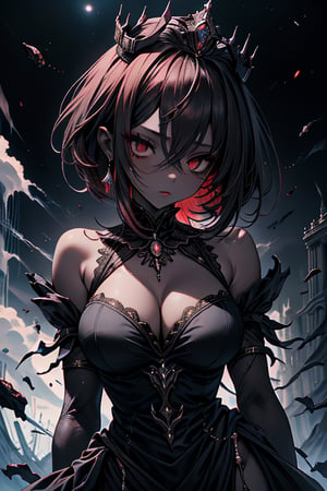 The queen of the abyss, queen costume, dark red hair, short hair, long dress close to the body, black eyes, the fastest woman in the world, tall, powerful, crown, the supreme empress, masterpiece, good quality, excellent quality , good resolution. Penetrating, expressive eyes and an athletic, powerful figure that reflects her skill in combat, pure darkness, alone, she is the darkness, the night, no light is seen, dark room, skin gray as ash, dark skin.
