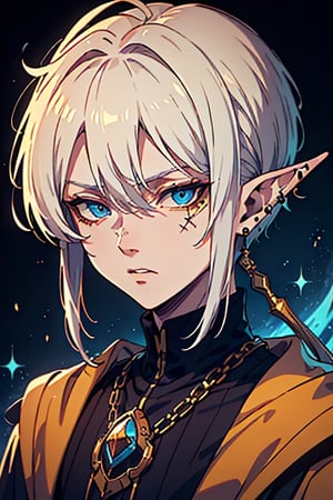 man, white hair, thief clothes, a siscon, arrogant, silly, serious, masterpiece, high quality, 4k, very good resolution,herochromatic, golden right eye and orange left eye, Fade cut for men, blue eyes,Elf's ears,poor,nose piercing, mouth piercing, ear piercing.