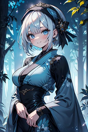 white blue hair, blue eyes, blue kimono outfit with black edges, friendly face, a black spandex that covers his entire body, headscarf, killer, happy smile, bangs, in the forest at night, masterpiece, detailed, high quality, absurd, the strongest human of all, bringer of the world's hope, short hair, black lycra, masterpiece, excellent quality, excellent quality, perfect face, medium breasts

