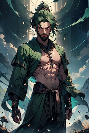 dark green hair, green eyes, hair in a ponytail, Buddhist, man, green robe, wide priest's pants, the strongest creature of all, the one sent by God, the shapeshifter, defined abdomen, masterpiece, perfect face, very good Quality, excellent quality, the warrior of the true gods, serious, monk,1boy, beard
