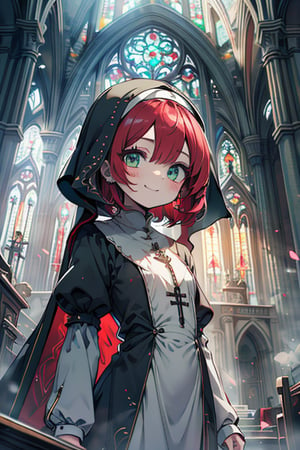 woman of extreme beauty, innocent, nun, loli, small body, green eyes, red hair, short hair, kind, bright smile, perfect face (beautiful finely detailed eyes), masterpiece, very good quality, excellent quality, church.
