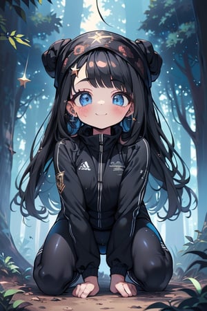 black hair, blue eyes, full body lycra clothing, friendly face, headscarf, little girl, happy smile, in the forest at night, masterpiece, star earrings, detailed, high quality, absurd, strongest human being of all, bearer of the hope of the world, long hair, perfect face, 8 year old girl, best quality, fat, obese.
