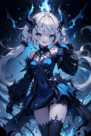 white hair, deep blue eyes, aura of dark power, the primordial of the underworld, goddess of flames, sadistic, pointed ears, blue dress with white edges, right hand of lucifer, primordial goddess, masterpiece, very good quality, excellent quality , perfect face, small breasts, evil smile, egocentric, eyes with blue flames, horns, long sleeve, miniskirt, gothic, two pigtails, emanates the power of destruction, loli, small body, clothes burning with blue fire

