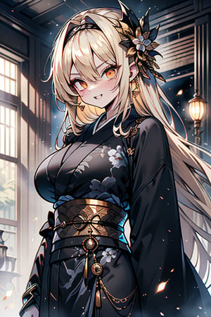 Blonde, long hair, golden eyes, asshole, man, strong, friendly, antisocial, long black kimono, silly, warrior, perfect face, good quality, excellent quality, masterpiece, trap, big breasts

