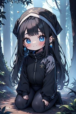 black hair, blue eyes, full body lycra clothing, friendly face, headscarf, little girl, happy smile, in the forest at night, masterpiece, star earrings, detailed, high quality, absurd, strongest human being of all, bearer of the hope of the world, long hair, perfect face, 8 year old girl, best quality, fat, chubby, obese.
