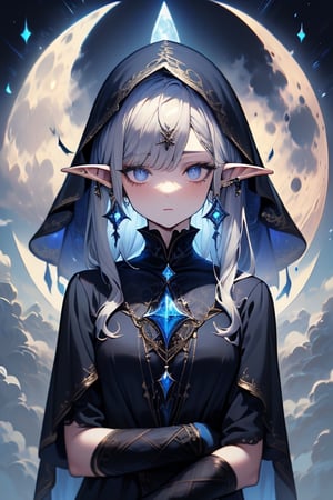 gray hair with blue tones, black witch clothes, moon earrings, gray eyes, dark circles, sleepy, dream witch, pointy ears, elf,  medium hair., veil.