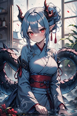dragon woman, wingless, medium hair, shy face, blue kimono, blue hair, dragon horns, dragon tail, red eyes, dragon horns, medium breasts, beautiful, the sword maiden, tail attached to the body, her power comes from of primordial water, masterpiece, very good quality, excellent quality, perfect face, samurai, mother of the family, master of combat, wise, bangs that cover her eyes,hair up,Japanese house,pointy ears.
