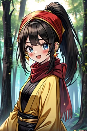 black hair, blue eyes, yellow Kimono
 outfit with black edges, a red scarf with gold stripes, the edges have small golden touches, friendly face, a black spandex that covers her entire body, headscarf, killer, happy smile , bangs, in the forest at night, masterpiece, star earrings, detailed, high quality, absurd, the strongest human of all, bringer of the world's hope, hair in ponytail,black lycra, masterpiece, excellent quality, excellent quality, perfect face.

