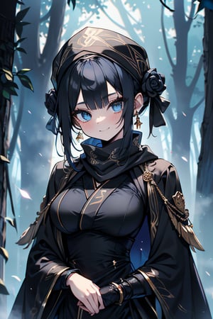 dark blue hair, blue eyes, gold kimono suit with black edges, friendly face, a black spandex that covers his entire body, headscarf, killer, happy smile, bangs, in the forest at night, masterpiece, detailed, high quality, absurd, the strongest human of all, bringer of the world's hope, short hair, black lycra, masterpiece, excellent quality, excellent quality, perfect face, medium breasts, black scarf, judge, lawyer, judge's robe , toga

