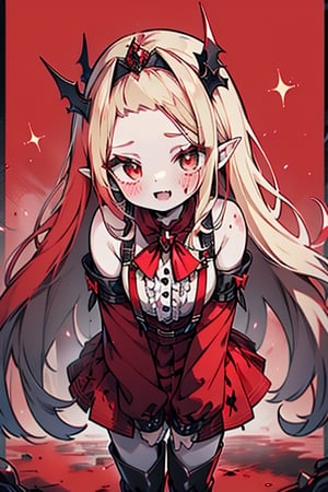 an arrogant woman, blonde, cold-blooded murderer, the final enemy of this world, medium breasts, pointed ears, vampire, eyes red like blood, smiling mischievously, red bowtie scarf, red suit with skirt with black borders, black crosses on his forehead, very pale skin, high_resolution, best quality, extremely detailed, HD, 8K, 1 girl, solo, sexy_figure, hot, 170 cm, tall_girl, LONG HAIR, DIAMOND THROAT, BLACK ASCOT, SEPARATED NECK, CENTER Ruffles, RED DRESS, RED SEPARATED SLEEVES, RED BELT, SKIRT WHITE, RED THIGH BOOTS, RED SUSPENDERS.TIARA,She represents death, the false goddess of putrefaction.

,Baobhan,masterpiece