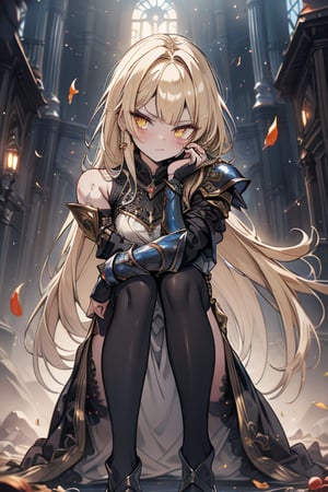 blonde, golden eyes, angry look, long hair, desert knight, hates magic, candys a long elegant white tunic, armor on her hands, legs and arms, gray and white dress, appearance of a warrior, strong woman, scars all over the body, golden eyes, perfect face, very good quality, masterpiece, excellent quality,yellow eyes,blonde hair, black pantyhose
