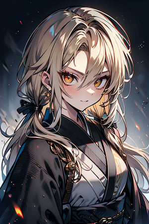 Blonde, long hair, golden eyes, asshole, man, strong, friendly, antisocial, long black kimono, silly, warrior, perfect face, good quality, excellent quality, masterpiece,
