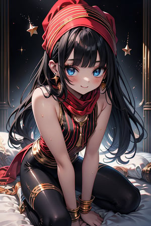 black hair, blue eyes, yellow babydoll with black edges, a red bandana with gold stripes, the edges have small gold touches, friendly face, a black spandex that covers her entire body, headscarf, killer, happy smile, bangs, masterpiece, star earrings, detailed, high quality, absurd, the strongest human of all, bearer of the world's hope, black lycra, masterpiece, excellent quality, excellent quality, perfect face, long hair, sexy pose, bed
