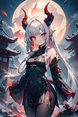 light red eyes, pointed horns, small breasts, beautiful, the woman who reflects the sun, the emperor's right hand, tail close to the body, the master of manipulation, Chinese temple, pointed ears, serious face, calm smile, red tail with light blue parts, dragon horns, gold jewelry, silver ring, diamond chain, white locks, white bangs, red hair and white locks, two-color hair, black qipa with gold trim, elegant,black pantyhose.
