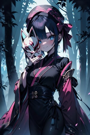 dark blue hair, blue eyes, pink kimono outfit with black edges, friendly face, a black spandex that covers his entire body, headscarf, killer, happy smile, bangs, in the forest at night, masterpiece, detailed, high quality, absurd, the strongest human of all, bringer of the world's hope, short hair, black lycra, black pantyhouse, masterpiece, excellent quality, excellent quality, perfect face, medium breasts,mask on hand, (fox mask, mask on the hand, put on mask),ribbon with bow at the waist, long kimono.

