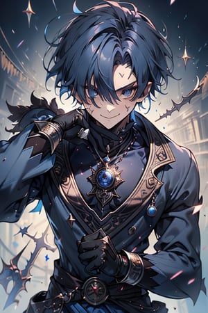 Man, dark blue hair, blue magician tunica, wide pants, friendly face, comedian, black gloves, happy smile, masterpiece, detailed, high quality, absurd, killer, prediction magician, very short hair, masterpiece, excellent quality , excellent quality, perfect face,beefy warrior scar on face




