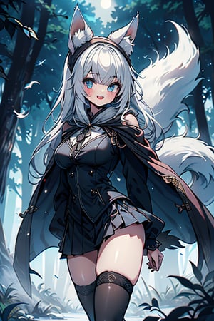 white blue hair, blue eyes, vintage style cape, friendly face, skirt, headscarf, killer, happy smile, blows, in the forest at night, masterpiece, detailed, high quality, absurd, the most human force of all , bearer of the hope of the world, long hair, black stockings, masterpiece, excellent quality, perfect face, medium breasts, kitsune ears, kitsune tail, 

