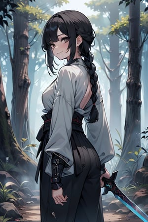 kind woman, black hair, medium hair, hair in a long braid down the back, dirty clothes, warrior, dual sword wielder, beast tamer, god slayer, black eyes, old clothes, alone, forest, kind smile, innocent, small breasts, tall woman, amazon, samurai, gray kimono ideal for combat, wide pants.

