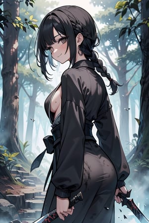 kind woman, black hair, medium hair, hair in a long braid down the back, dirty clothes, warrior, dual sword wielder, beast tamer, god slayer, black eyes, old clothes, sweatshirt, alone, forest, smile kind, innocent, small breasts, tall woman, amazon, samurai, gray kimono suit ideal for combat.

