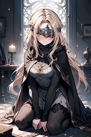 masterpiece, detailed, high quality, absurd, blindfirekeeper, 1girl, alone, blush, medium breasts, curvy, transparent white dress, black cape, black robe like a clairvoyant, guardian of the future, friendly smile, blonde, golden eyes, long hair , astrology room, kneeling, eyes covered, black ribbon


,blindfirekeeper