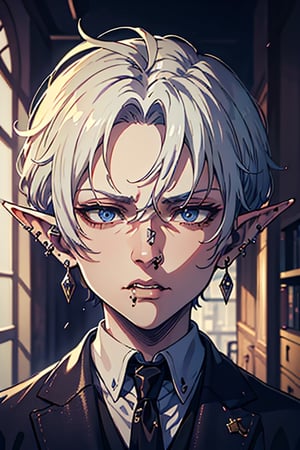 man, white hair, thief clothes, a siscon, arrogant, silly, serious, masterpiece, high quality, 4k, very good resolution,Fade cut for men, blue eyes,Elf's ears,poor,nose piercing, mouth piercing, ear piercing,delinquent, thug.