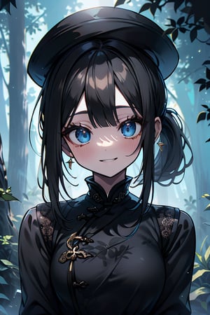 black hair, blue eyes, yellow qipao with black edges, French black hat, friendly face, black pantyhouse, killer, happy smile, bangs, in the forest at night, masterpiece, detailed, high quality, absurd, the strongest human of all, bearer of the hope of the world, hair in a ponytail, long sleeves, masterpiece, excellent quality, excellent quality, perfect face.
