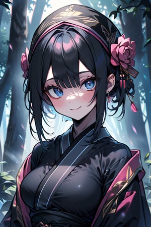 dark blue hair, blue eyes, pink kimono outfit with black edges, friendly face, a black spandex that covers his entire body, headscarf, killer, happy smile, bangs, in the forest at night, masterpiece, detailed, high quality, absurd, the strongest human of all, bringer of the world's hope, short hair, black lycra, masterpiece, excellent quality, excellent quality, perfect face, medium breasts

