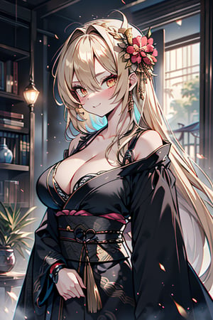 Blonde, long hair, golden eyes, asshole, man, strong, friendly, antisocial, long black kimono, silly, warrior, perfect face, good quality, excellent quality, masterpiece, trap, big breasts

