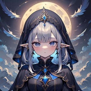 gray hair with blue tones, black witch clothes, moon earrings, gray eyes, dark circles, sleepy, dream witch, pointy ears, elf,  medium hair., veil,masterpiece, detailed, high quality, absurdres.