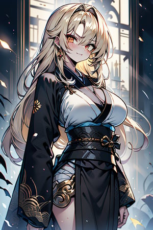 Blonde, long hair, golden eyes, asshole, man, strong, friendly, antisocial, long black kimono, silly, warrior, perfect face, good quality, excellent quality, masterpiece, trap, big breasts

