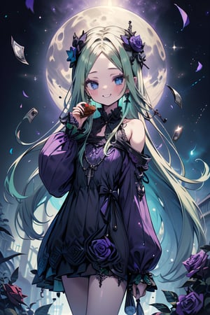 light green hair, blue eyes, long tunic with gothic skirt, black tiana, friendly face, egocentric, food lover, money lover, magic style long sleeved dress, happy smile, masterpiece, moon earrings, detailed, tall quality, absurd, the teleportation magician, long hair with roses, masterpiece, excellent quality, excellent quality, perfect face, Green hair, loli, small breasts, small height, purple clothes



