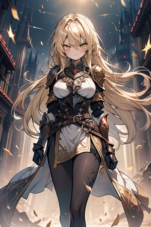 blonde, golden eyes, angry look, long hair, desert knight, hates magic, candys a long elegant white tunic, armor on her hands, legs and arms, gray and white dress, appearance of a warrior, strong woman, scars all over the body, golden eyes, perfect face, very good quality, masterpiece, excellent quality,yellow eyes,blonde hair, black pantyhose
