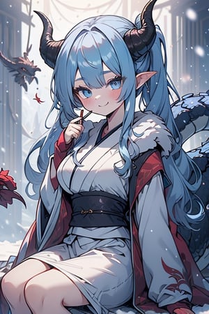 light blue hair, blue eyes, dragon horns, sorceress, magician's tunic, snow coat, smiling, mischievous, capricious, spoiled, pampered, white kimono, gadget sorceress, long hair up, long white skirt, good quality , masterpiece, excellent quality, perfect face, dragon tail.
