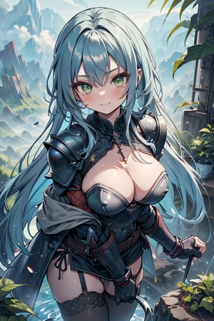 Woman with light blue hair, big, tall, the strongest warrior in the world, plate armor, cold jacket, pantyhouse, bracers, chest, green eyes, friendly, free spirit, religious, valley of plants, no bangs, long hair , charming smile, a wonderful person, medium breasts, long stockings,
