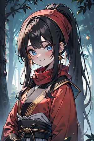 black hair, blue eyes, yellow Kimono
 outfit with black edges, a red scarf with gold stripes, the edges have small golden touches, friendly face, a black spandex that covers her entire body, headscarf, killer, happy smile , bangs, in the forest at night, masterpiece, star earrings, detailed, high quality, absurd, the strongest human of all, bringer of the world's hope, hair in ponytail,black lycra, masterpiece, excellent quality, excellent quality, perfect face.

