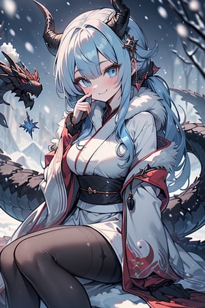 light blue hair, blue eyes, dragon horns, sorceress, magician's tunic, snow coat, smiling, mischievous, capricious, spoiled, pampered, white kimono, gadget sorceress, long hair up, long white skirt, good quality , masterpiece, excellent quality, perfect face, dragon tail,black pantyhose.
