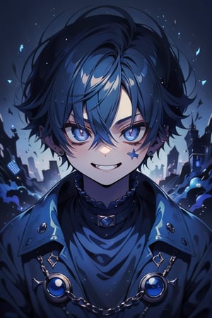 Man, dark blue hair, blue magician tunica, wide pants, friendly face, comedian, black gloves, happy smile, masterpiece, detailed, high quality, absurd, killer, prediction magician, very short hair, masterpiece, excellent quality , excellent quality, perfect face.



