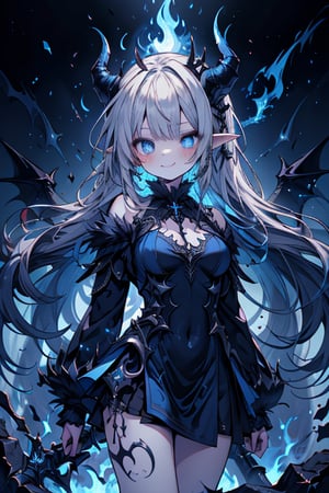 blue hair, deep blue eyes, aura of dark power, the primordial of the underworld, goddess of flames, sadistic, pointed ears, blue dress with white edges, right hand of lucifer, primordial goddess, masterpiece, very good quality, excellent quality , perfect face, small breasts, evil smile, egocentric, eyes with blue flames, horns, long sleeve, miniskirt, gothic, very long hair, emanates the power of destruction, adult, clothes burning with blue fire

