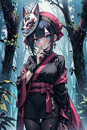 dark blue hair, blue eyes, pink kimono outfit with black edges, friendly face, a black spandex that covers his entire body, headscarf, killer, happy smile, bangs, in the forest at night, masterpiece, detailed, high quality, absurd, the strongest human of all, bringer of the world's hope, short hair, black lycra, black pantyhouse, masterpiece, excellent quality, excellent quality, perfect face, medium breasts,mask on hand, (black fox mask, mask on the hand, put on mask)
