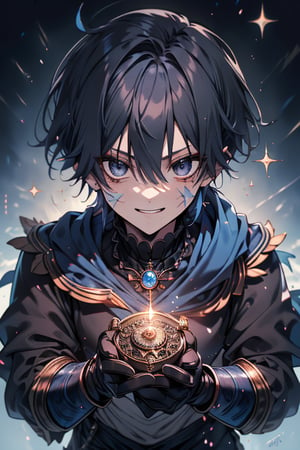 Man, dark blue hair, blue magician tunica, wide pants, friendly face, comedian, black gloves, happy smile, masterpiece, detailed, high quality, absurd, killer, prediction magician, very short hair, masterpiece, excellent quality , excellent quality, perfect face,beefy warrior scar on face




