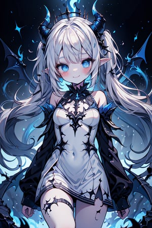 white hair, deep blue eyes, aura of dark power, the primordial of the underworld, goddess of flames, sadistic, pointed ears, white dress with blue edges, right hand of lucifer, primal goddess, masterpiece, very good quality, excellent quality , perfect face, small breasts, evil smile, egocentric, eyes with blue flames, horns, long sleeve, miniskirt, gothic, two pigtails, emanates the power of destruction, loli, small woman

