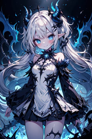 white hair, deep blue eyes, aura of dark power, the primordial of the underworld, goddess of flames, sadistic, pointed ears, white dress with blue edges, right hand of lucifer, primal goddess, masterpiece, very good quality, excellent quality , perfect face, small breasts, evil smile, egocentric, eyes with blue flames, horns, long sleeve, miniskirt, gothic, two pigtails, emanates the power of destruction, loli, small woman

