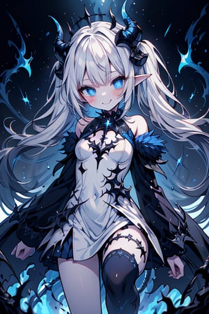 white hair, deep blue eyes, aura of dark power, the primordial of the underworld, goddess of flames, sadistic, pointed ears, white dress with blue edges, right hand of lucifer, primal goddess, masterpiece, very good quality, excellent quality , perfect face, small breasts, evil smile, egocentric, eyes with blue flames, horns, long sleeve, miniskirt, gothic, two pigtails, emanates the power of destruction, loli, small woman

