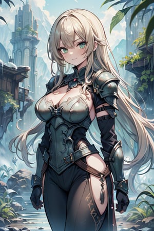 Woman with light blonde hair, big, tall, the strongest warrior in the world, plate armor, cold jacket, pantyhouse, bracers, chest, green eyes, friendly, free spirit, religious, valley of plants, no bangs, long hair , charming smile, a wonderful person, medium breasts, long stockings, long pants, long robe
