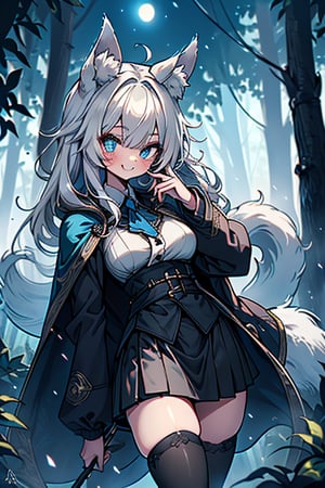 white hair, blue eyes, coat with blue vintage style cape, friendly face, skirt, killer, happy smile, blows, in the forest at night, masterpiece, detailed, high quality, absurd, long hair, black stockings, masterpiece, excellent quality, perfect face, medium breasts, kitsune ears, kitsune tail.

