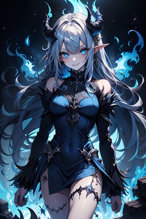 blue hair, deep blue eyes, aura of dark power, the primordial of the underworld, goddess of flames, sadistic, pointed ears, blue dress with white edges, right hand of lucifer, primordial goddess, masterpiece, very good quality, excellent quality , perfect face, small breasts, evil smile, egocentric, eyes with blue flames, horns, long sleeve, miniskirt, gothic, very long hair, emanates the power of destruction, adult, clothes burning with blue fire

