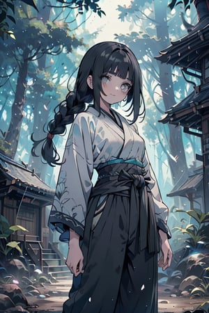 kind woman, black hair, medium hair, hair in braid down to her back, a single braid, dirty clothes, warrior, beast tamer, the killer of gods, black eyes, old clothes, alone, forest, kind smile, innocent, breasts small, tall woman, amazon, samurai, gray kimono jacket ideal for combat, wide pants, happy, friendly, good person,  masterpiece, good quality, swords well positioned at her waist, good hands, aquamarine belt.


,hinata(boruto)