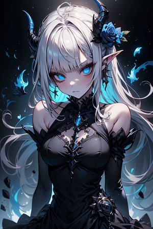 white hair, deep blue eyes, aura of dark power, the most powerful being in the world, queen of darkness, lost look, pointed ears, black dress with blue edges, killer of gods, the one who killed Lucifer, incarnation of the gods dragons, masterpiece, very good quality, excellent quality, perfect face, small breasts, serious face, dazed, calm, kuudere, eyes with blue flames, looking down, as if on top of the world, horns, fake goddess, bare shoulders, long skirt, gothic, Mullet Bangs, staring, sad expression, blue roses in her hair and her dress,emanates the power of chaos within her,black sclera.
