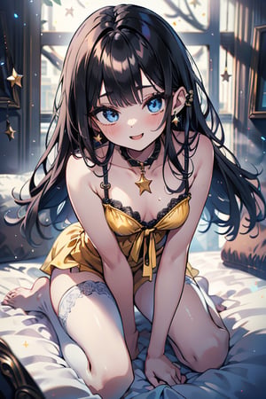 black hair, blue eyes, yellow babydoll, friendly face, killer, happy smile, bangs, masterpiece, star earrings, detailed, high quality, absurd, the strongest human of all, bearer of the world's hope masterpiece, excellent quality , excellent quality, perfect face, long hair, sexy pose, bed, small breasts

