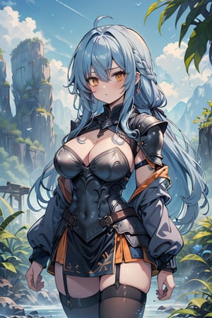 Woman with light blue hair, big, tall, the strongest warrior in the world, plate armor, cold jacket, pantyhouse, armbands, chest, orange eyes, friendly, free spirit, religious, valley of plants, no bangs, long hair .
